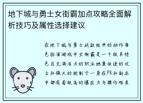 地下城与勇士女街霸加点攻略全面解析技巧及属性选择建议 地下城与勇士女街霸加点攻略全面解析技巧及属性选择建议