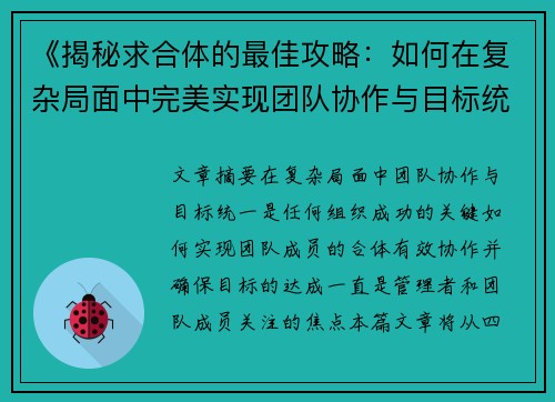 《揭秘求合体的最佳攻略：如何在复杂局面中完美实现团队协作与目标统一》