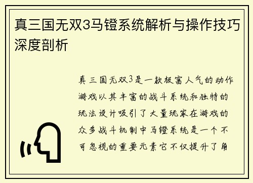 真三国无双3马镫系统解析与操作技巧深度剖析