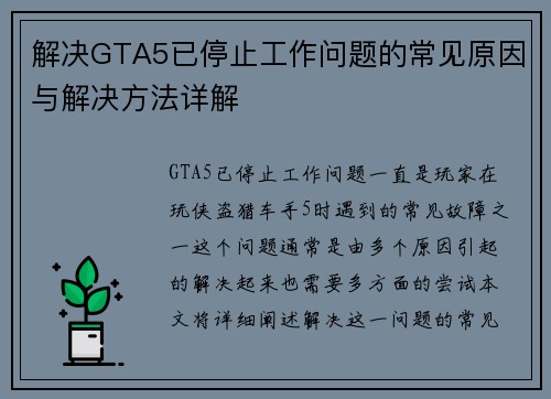 解决GTA5已停止工作问题的常见原因与解决方法详解