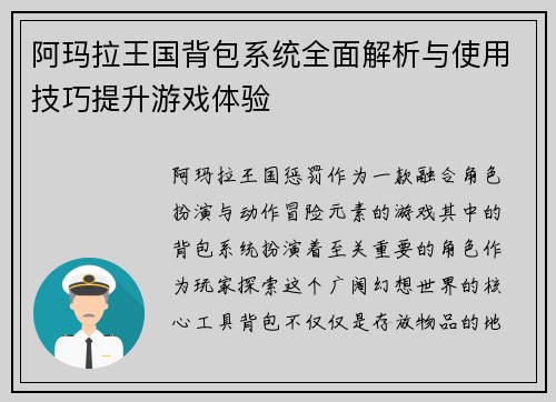 阿玛拉王国背包系统全面解析与使用技巧提升游戏体验